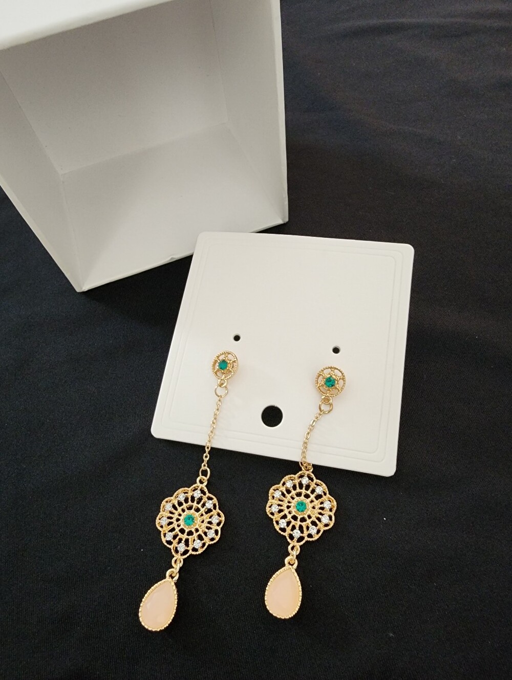 Delicate Gold Filigree Drop Earrings with Green and Pink Accents